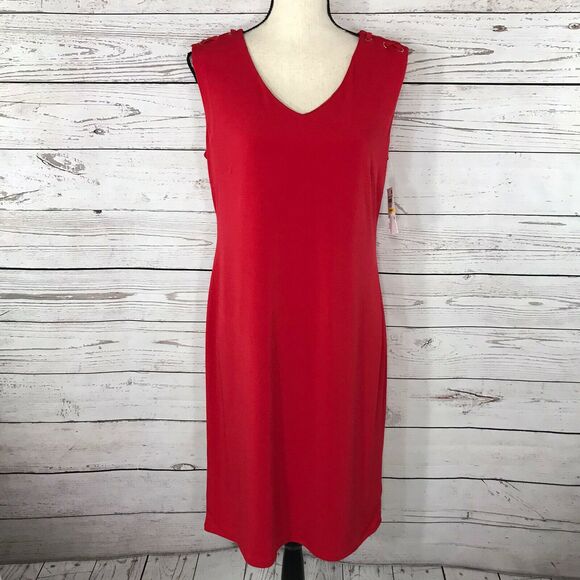 JM Collection Medium M Sheath Dress Sleeveless Red Lined Stretch V-Neck - Picture 3 of 10